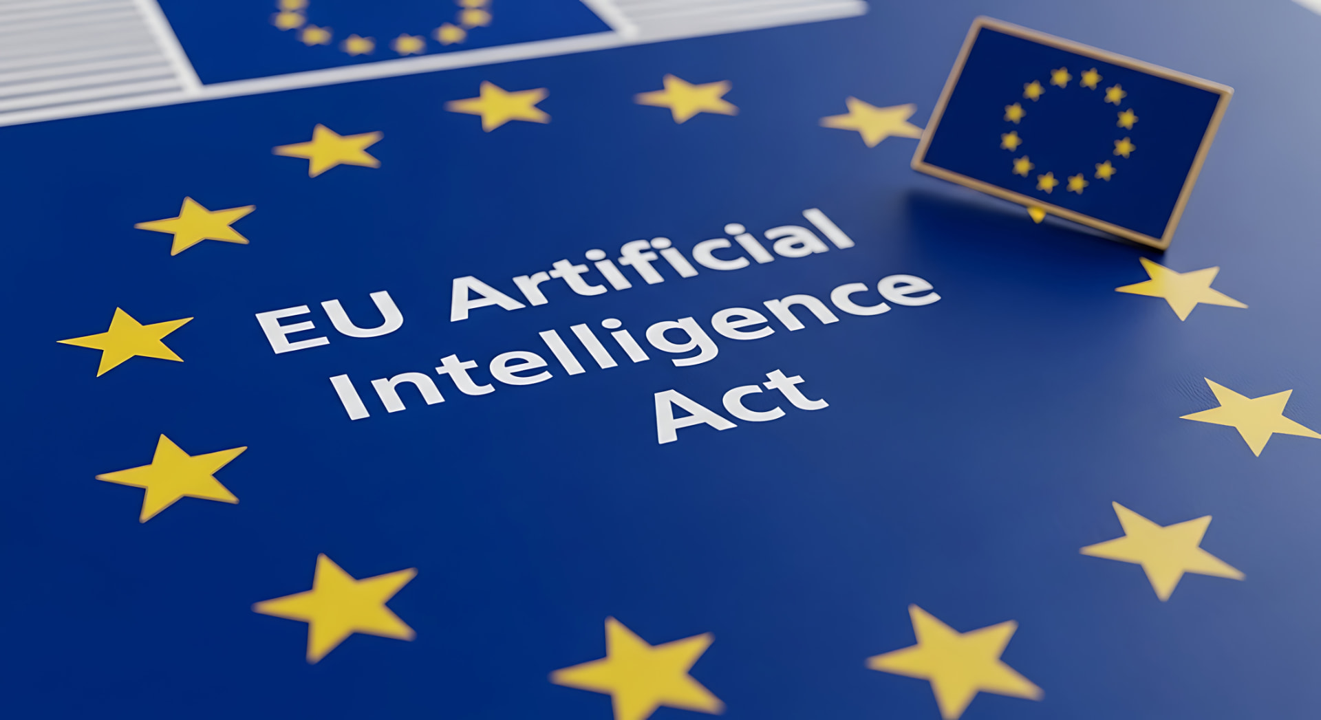 Documento del Reglamento Europeo de Inteligencia Artificial sobre la bandera de la UE