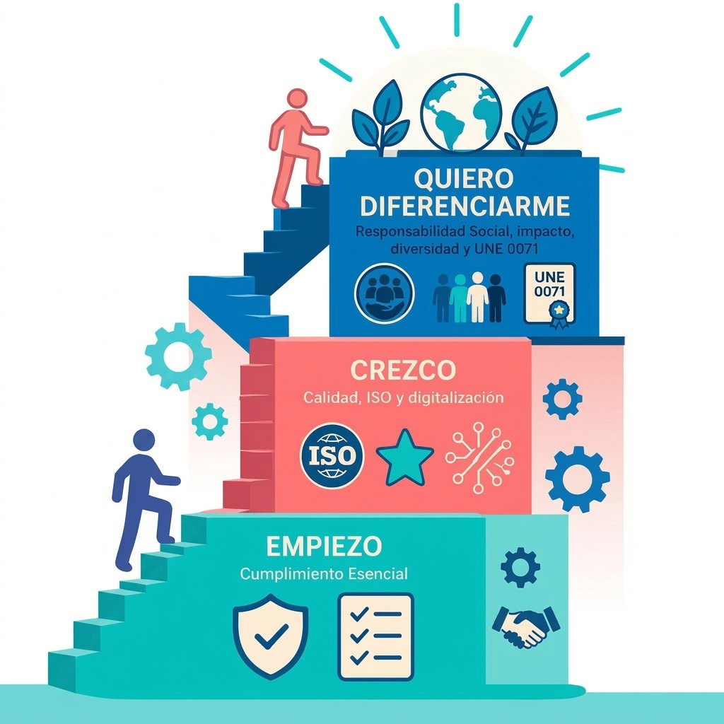 Escalera de crecimiento AIDE IMPACTA: EMPIEZO con Cumplimiento Esencial, CREZCO con calidad e ISO, QUIERO DIFERENCIARME con responsabilidad social e impacto