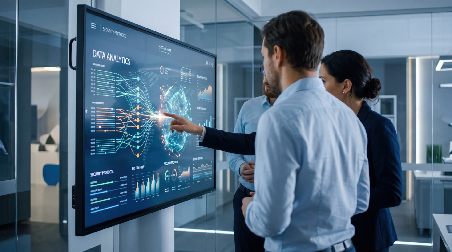 Tres profesionales analizando un panel interactivo de datos y diagramas de flujo en una oficina moderna