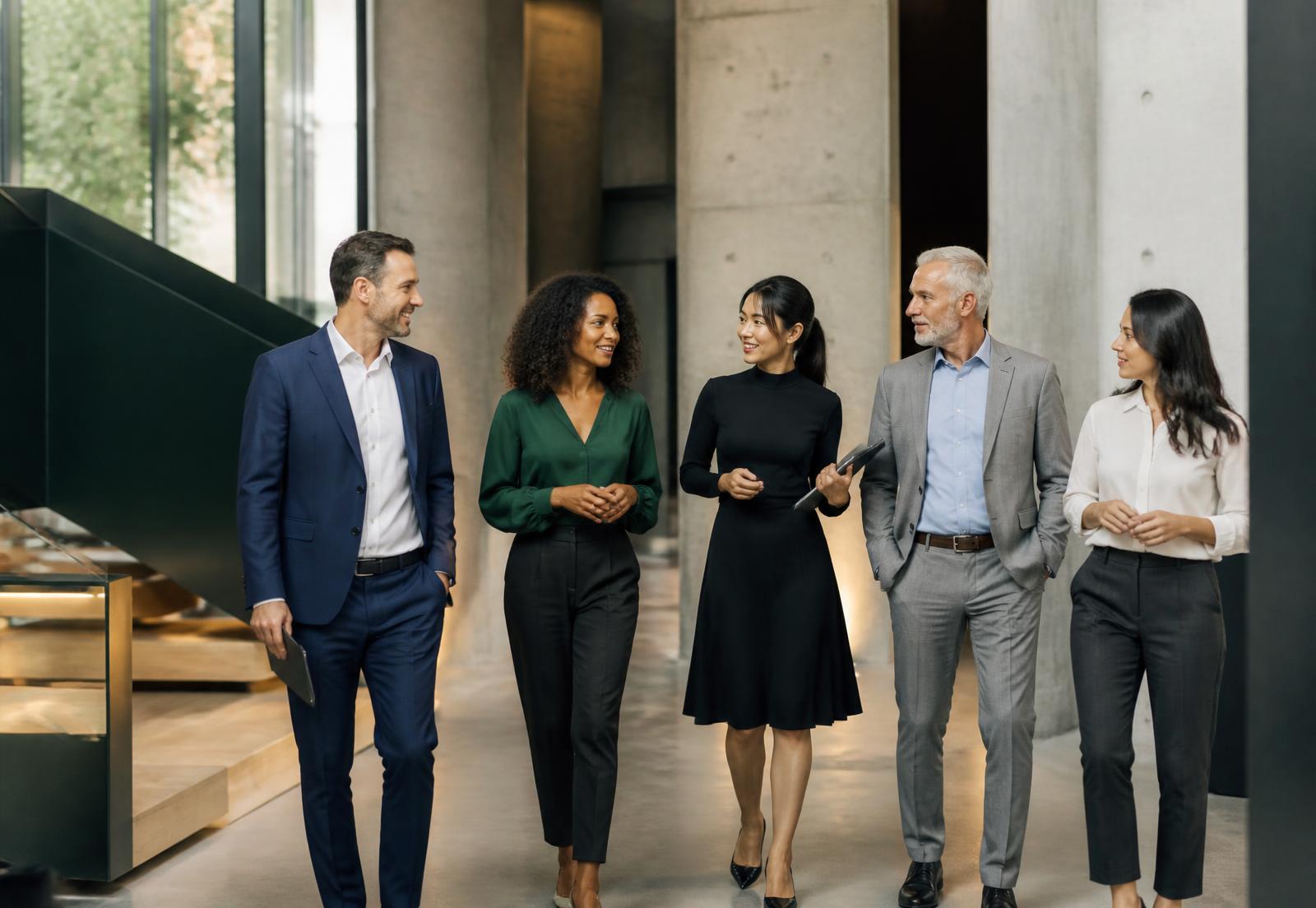 Equipo profesional diverso conversando en un edificio corporativo